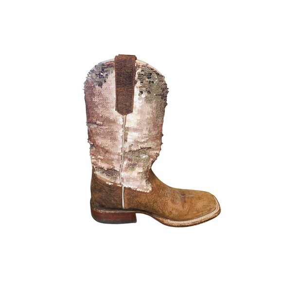 Macie Bean Distressed Leather Bison Sparkle Pink Sequin Western Cowgirl Boots - Picture 10 of 11